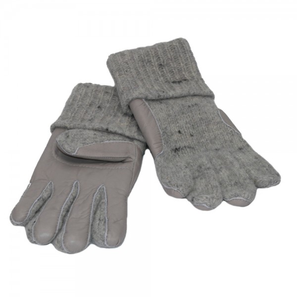 Handschuh NORDLICHT Schafwolle grau geflammt mit Lederbesatz
